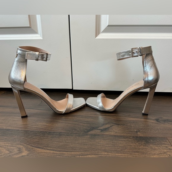 Stuart Weitzman 100SquareNudist Silver Argento Crack Lame Leather Square Sandal - Picture 8 of 14